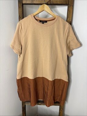 Strut & Bolt Beige and Brown Pleated-Hem Mini Dress Size L